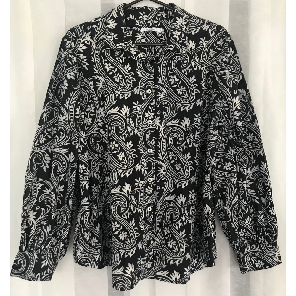 Chicos Black White Paisley Button Down Shirt Cotton Blend Plus 
Size 18‎